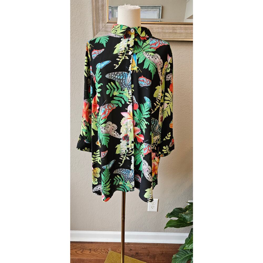 Multiples Butterfly Tropical Print Button Front S… - image 1